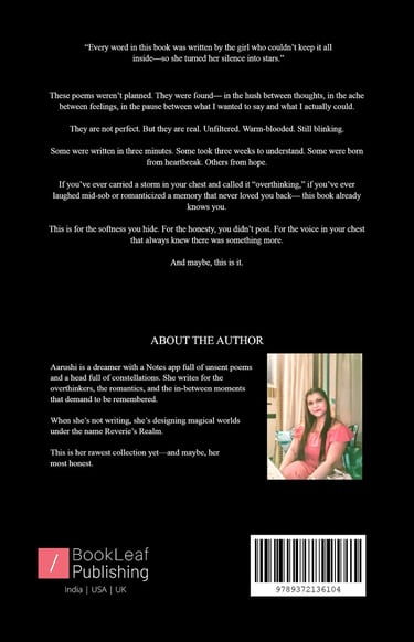 The back cover of the debut poetry book, "The Moon Doesn't Write Back" by the author, Aarushi Jain