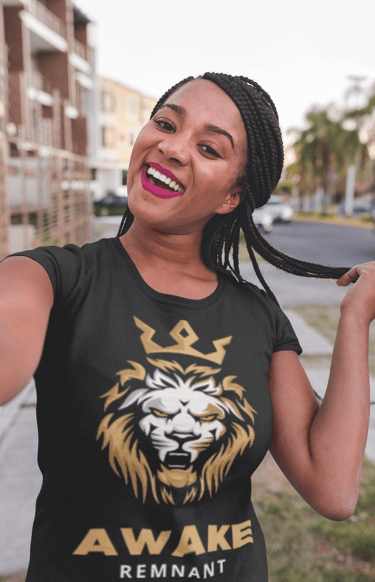 Model wearing Awake Remnant apparel featuring a prophetic lion symbol for the last-day Ground Force.