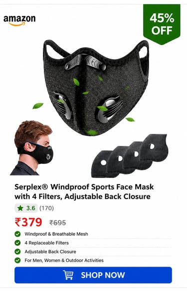Serplex windproof sports face mask with four replaceable filters and adjustable back closure for outdoor activities.