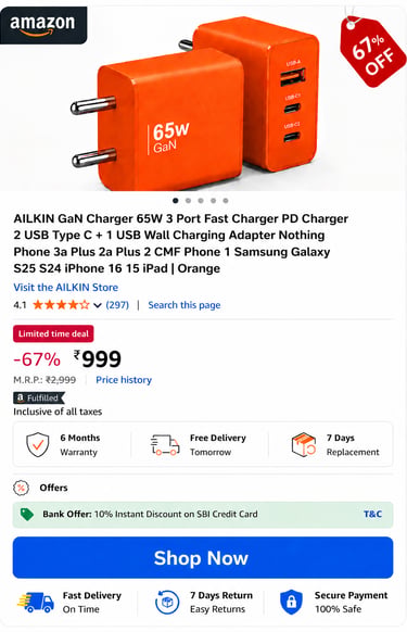 Orange AILKIN GaN 65W fast charger with 3 ports including USB-C and USB-A for smartphones.