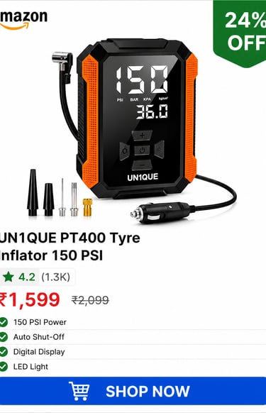 UN1QUE PT400 portable digital tyre inflator for cars with 150 PSI display and auto shut-off feature.