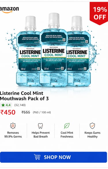 Listerine Cool Mint Antiseptic Mouthwash pack of three 250ml bottles for bad breath and gum health.