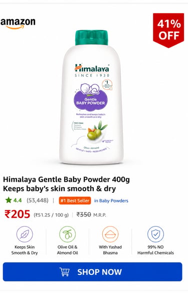 Himalaya Gentle Baby Powder 400g with olive oil and almond oil for smooth, dry infant skin.