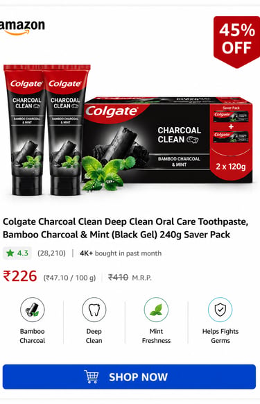 Colgate Charcoal Clean toothpaste saver pack with two 120g bamboo charcoal and mint gel tubes.