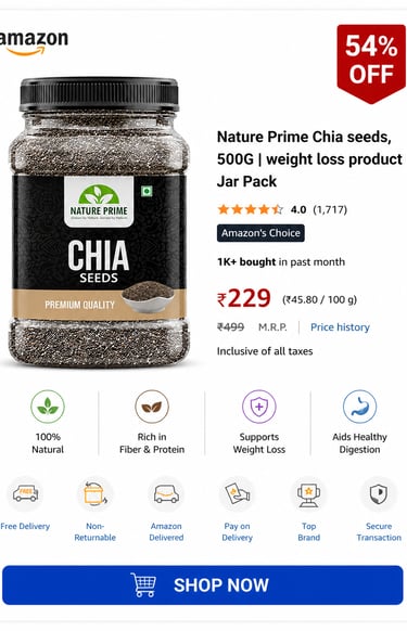 Nature Prime 500g Chia seeds jar for weight loss and digestion, featuring high fiber and protein content.