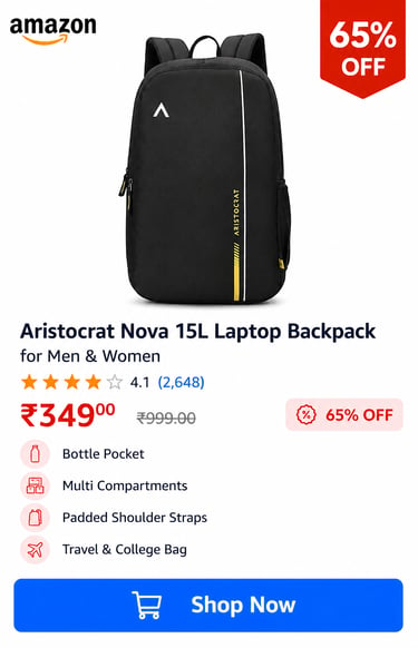 Aristocrat Nova 15L black laptop backpack for men and women with padded straps and bottle pocket.