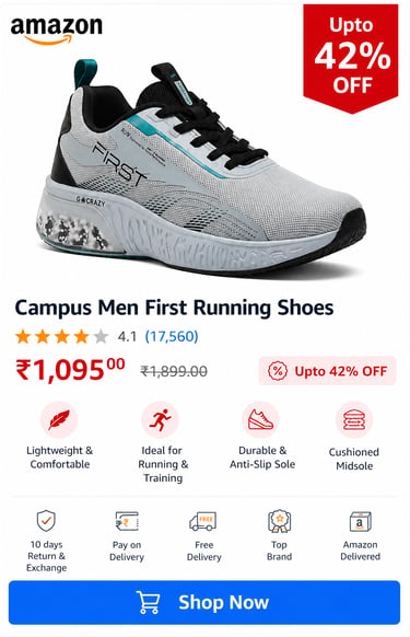 Campus Men First Running Shoes in grey and blue with cushioned midsole on Amazon.