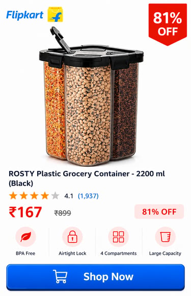 ROSTY 2200ml BPA-free airtight plastic grocery container with 4 compartments for storing pulses and grains.