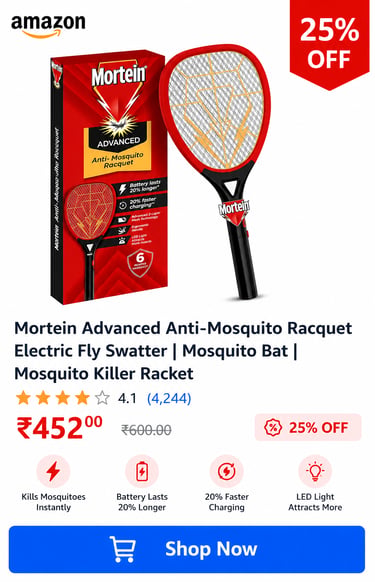 Mortein Advanced rechargeable electric anti-mosquito racquet and mosquito killer bat for flying insects.