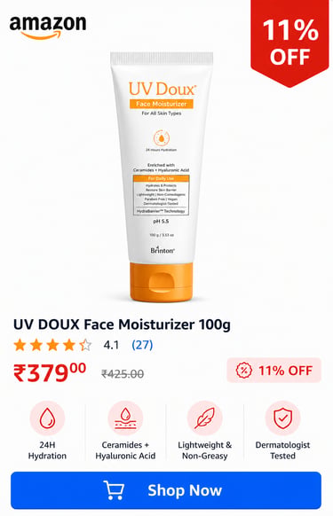 UV Doux Face Moisturizer 100g tube for all skin types with ceramides and hyaluronic acid.