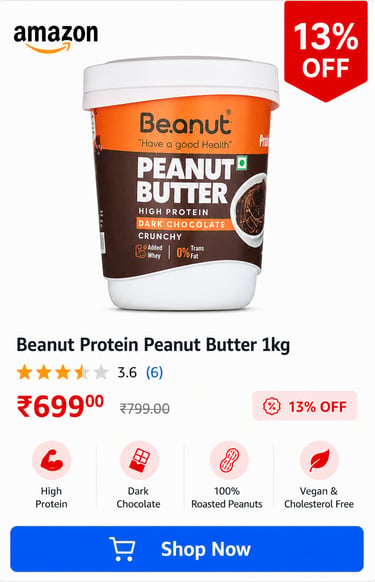 Beanut dark chocolate high protein crunchy peanut butter 1kg jar with Amazon price and 13% off discount.