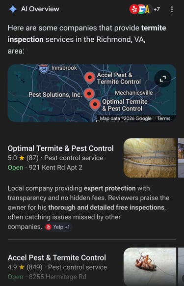 screenshot of Google AI recommending a clients pest control business in search results