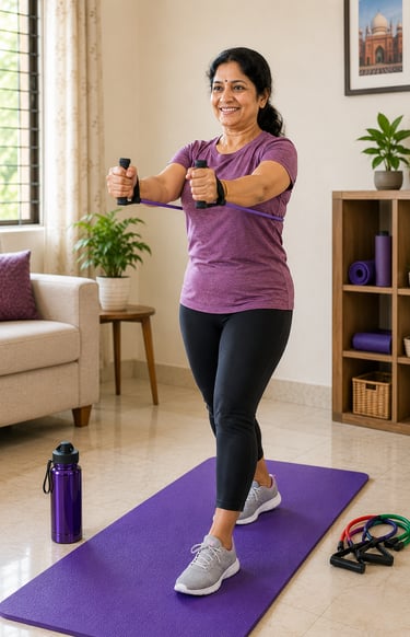 Indian woman performing a resistance band chest press using a tube resistance band with black foam h