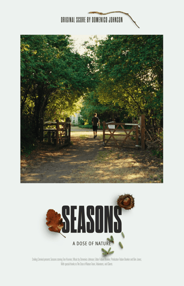 Seasons movie poster featuring a man walking through a rustic garden gate into a lush green forest.