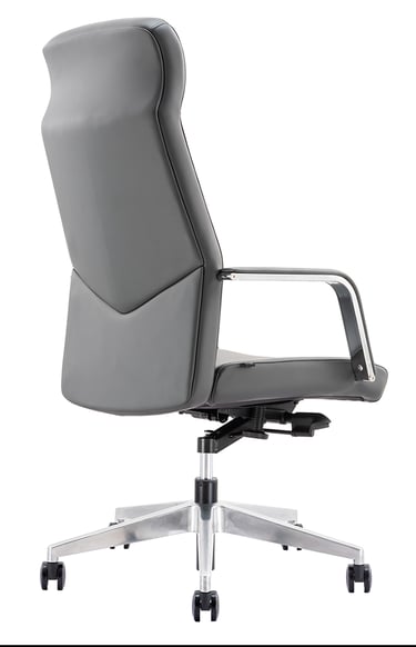 Rear view of grey executive chair showing smooth contour and metal base