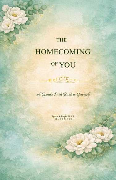 Book cover for The Homecoming of You by TyAnn S. Rolph featuring white flowers on a teal watercolor background.
