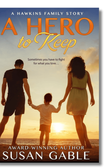 A Hero to Keep cover - man, woman, and child, holding hands on beach at sunset