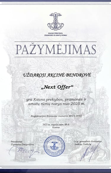 NextOffer is a member of Kaunas Chamber of Commerce Industry and crafts