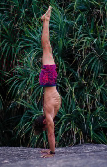 a man doing a handstand on a rock