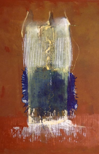 abstract monoprint with pod on rust background