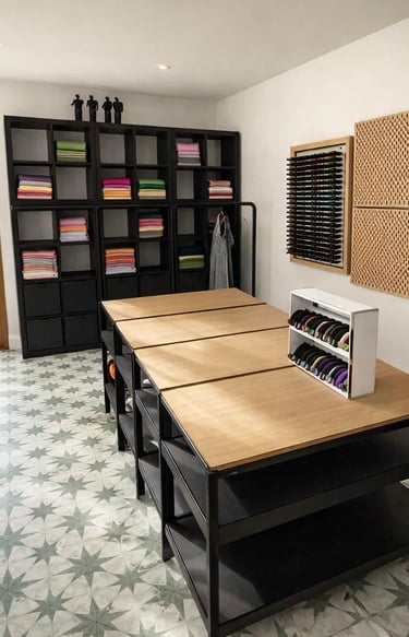 A bright design studio featuring organized fabric storage, a large wooden work table, and tiled floors.
