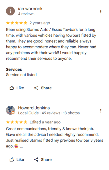 Google reviews for Essex Towbars and Starmo Auto Electrics praising reliable service