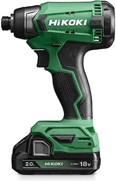 HiKOKI 18V cordless impact driver with a 2.0Ah lithium-ion battery in green and black.