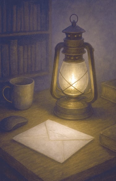 A lantern glows on a desk beside a sealed envelope, waiting in the hush of discovery.