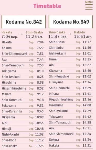 Hello Kitty shinkansen bullet train time table