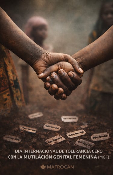 Two people holding hands over razor blades for International Day of Zero Tolerance for Female Genital Mutilation.