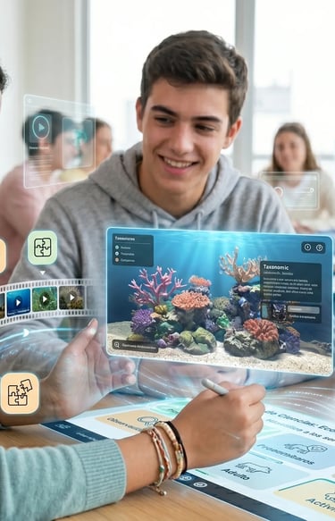 Tres estudiantes usando interfaces holográficas educativas en un aula moderna.