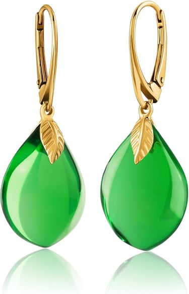 Black Dress Earrings: Gold Plated Silver Leaf Caribbean Green Amber Dangle Earrings