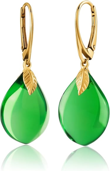 Black Dress Earrings: Gold Plated Silver Leaf Caribbean Green Amber Dangle Earrings