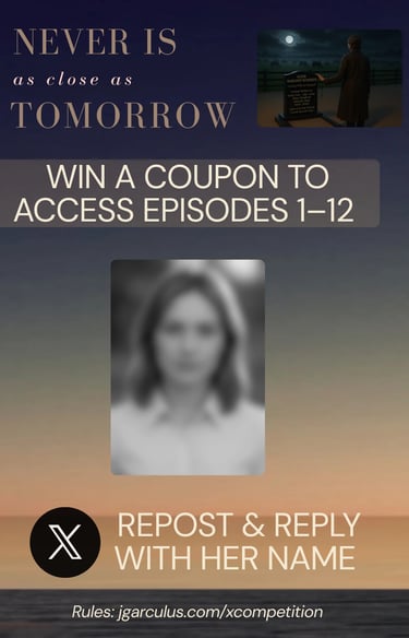 Competition flyer with blurred portrait of a woman and X logo.