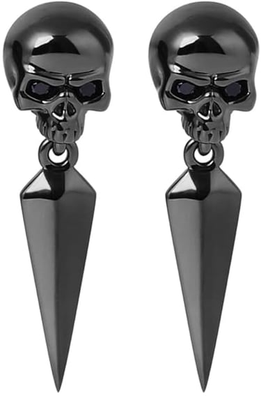 Gothic Earrings in Sterling Silver. Black Skull Drop Pieces with Black Awl 