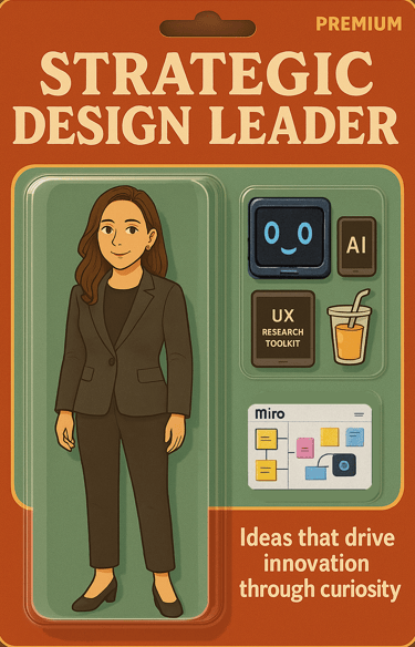 A toy action figurine package with UX accessories with the title "Strategic Design Leader".