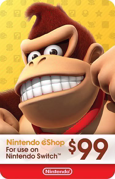 Ninety-nine dollar Nintendo eShop gift card for Nintendo Switch featuring Donkey Kong.