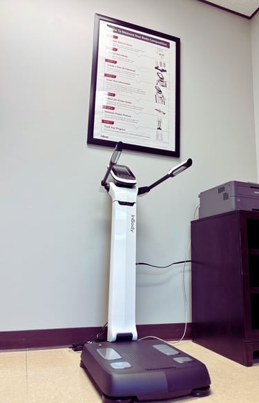 In-body machine with chart on the wall and printer on the side cabinet