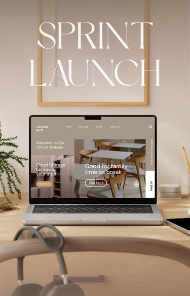 Landing page design mockup on laptop and phone in beige theme, clean visuals with single CTA for lea