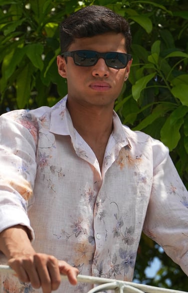 close up linen floral shirt