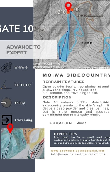 Niseko Gate 10 (Moiwa Sidecountry) info card. Adv-Exp. Open powder bowls, tree glades, natural pillows.