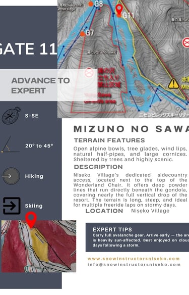 Niseko Gate 11 (Mizuno No Sawa) info card. Adv-Exp. Open alpine bowls, tree glades, wind lips.