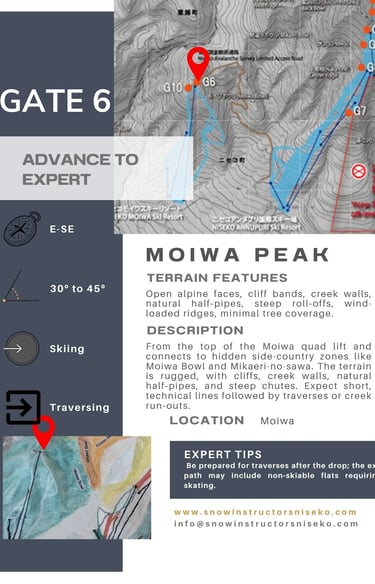 Niseko Gate 6 (Moiwa Peak) info card. Adv-Exp. Open alpine faces, cliff bands, creek walls, half-pipes.