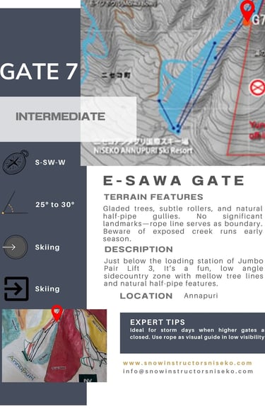 Niseko Gate 7 (E-Sawa Gate) info card. Intermediate. Gladed trees, subtle rollers, natural half-pipe gullies.