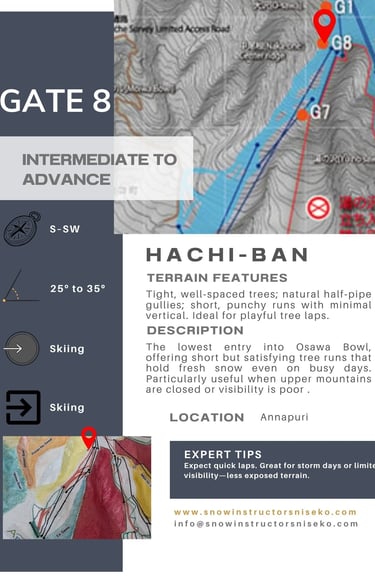 Niseko Gate 8 (Hachi-Ban) info card. Int-Adv. Tight, well-spaced trees, half-pipe, short punchy runs.