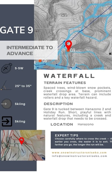 Niseko Gate 9 (Waterfall) info card. Int-Adv. Spaced trees, snow pockets, creek crossing, waterfall hazard.