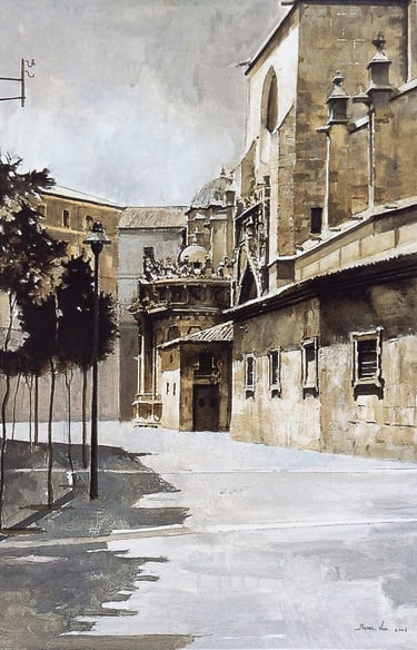 perspectiva de la parte gótica de la Catedral de Murcia sobre tabla y con técnica mixta