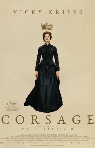 Movie poster for Corsage featuring Vicky Krieps as Empress Elisabeth of Austria in a black Victorian gown.