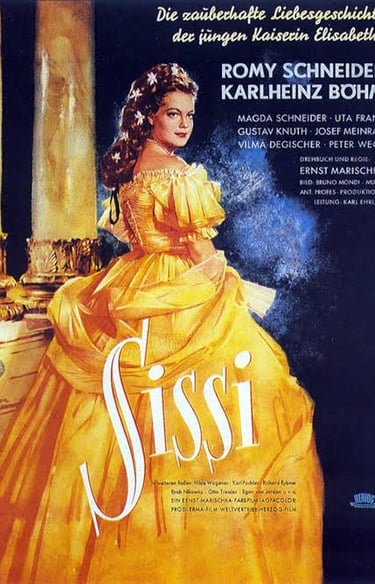Vintage Sissi movie poster featuring Romy Schneider in an elegant yellow ballgown.