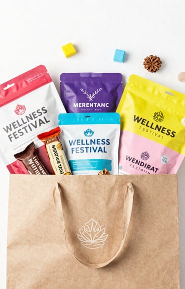 Vibrant vendor booth with wellness products displayed under a sunny canopy at Memory Mall.